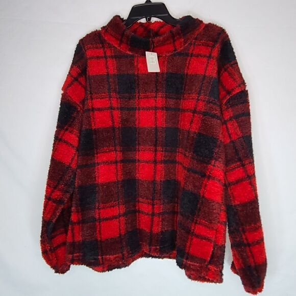 2X Buffalo Check Plaid Sherpa Pullover Mock Neck M - Picture 2 of 10